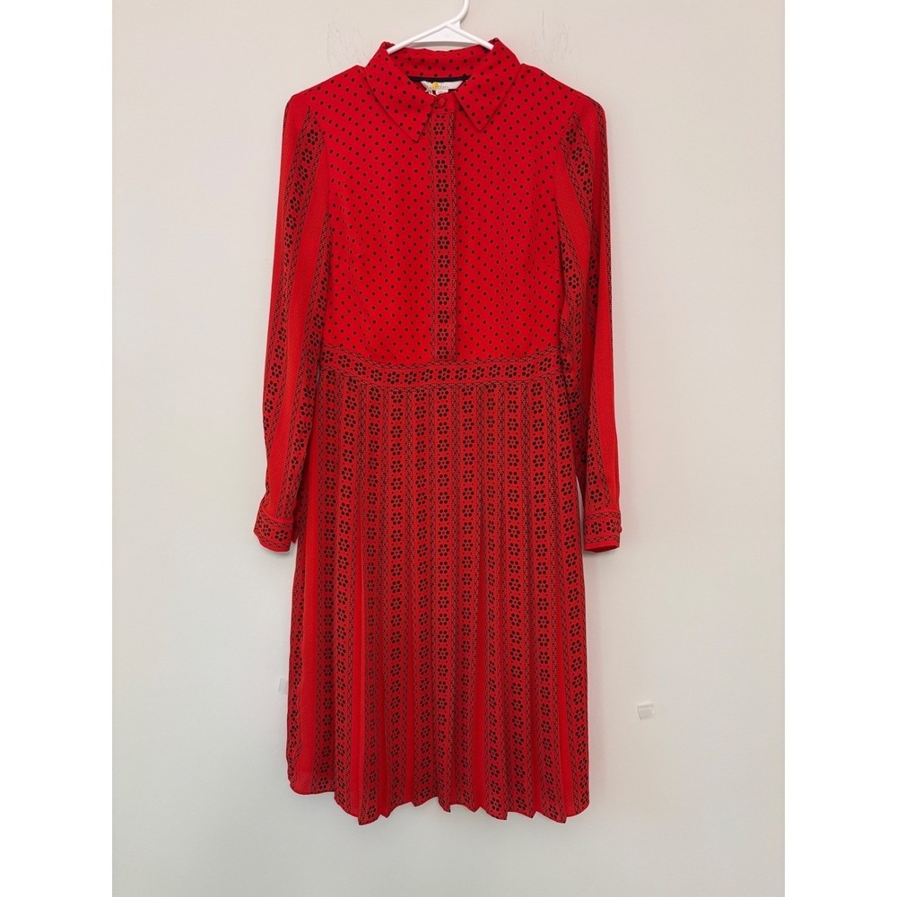 Boden Red Polka Dot Pleated Shirt Dress Long Sleeve Midi US 2R NEW Parisian Chic - Picture 3 of 10